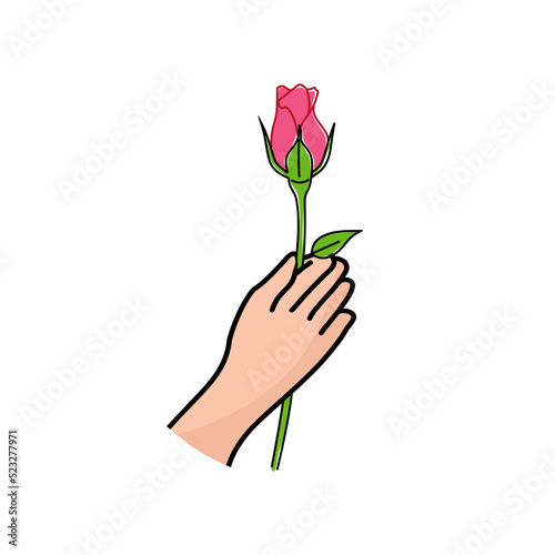 Hand holding pink rose vector illustration on white background. Happy Valentine’s Day. I love you.