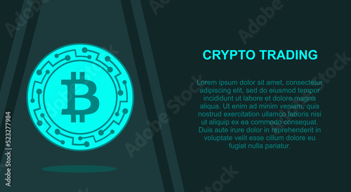 banner template for crypto trading, Bitcoin cryptocurrency advertising, digital coin advertisement isolated on gray background. Digital coin online technology.