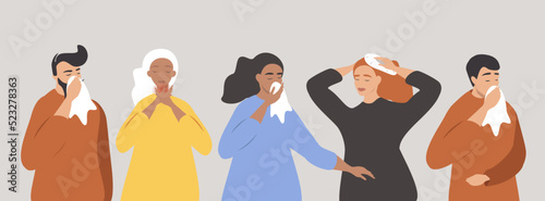 vector illustration in flat style. various people with symptoms of colds - cough, runny nose, sore throat