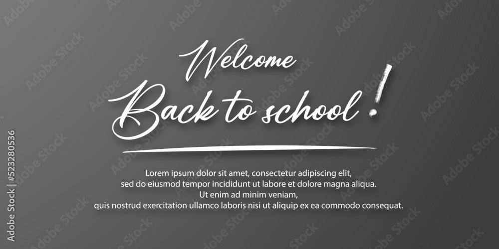 Welcome back to school. Holiday for students. Small handwritten text back to school. Place for text. Vector banner concept with notebook or note pad and pen. Black background. Welcome back to school. Holiday for students. Small handwritten text back to school. Place for text. Vector banner concept with notebook or note pad and pen. Black background.