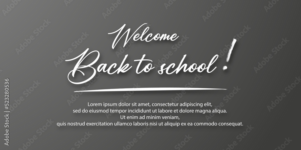 Welcome back to school. Holiday for students. Small handwritten text back to school. Place for text. Vector banner concept with notebook or note pad and pen. Black background.