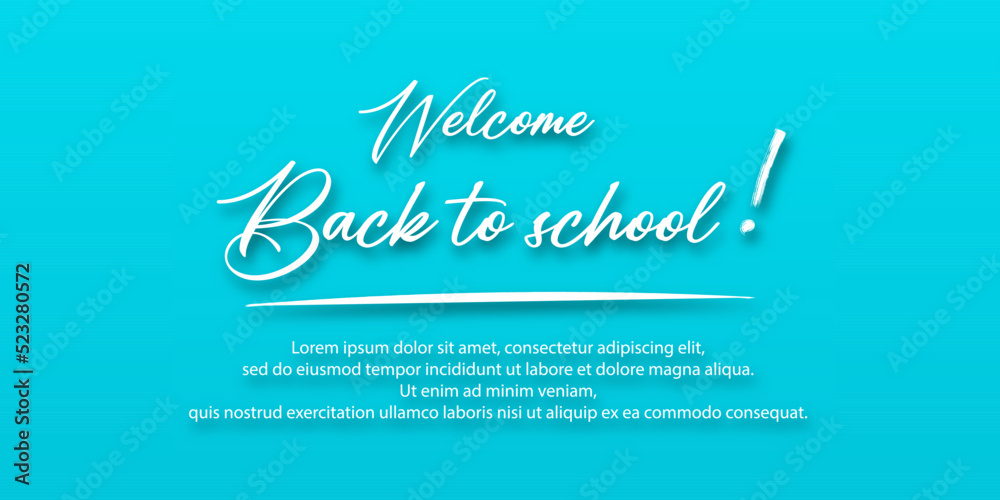Welcome back to school. Holiday for students. Small handwritten text back to school. Place for text. Vector banner concept with notebook or note pad and pen. Turquoise or light blue background.