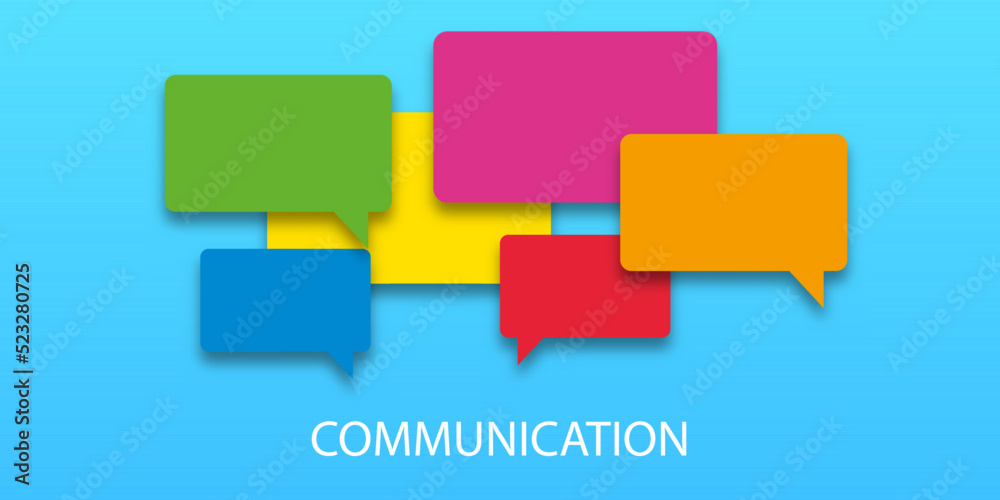 Vector illustration of communication concept. Word communication with colorful dialog speech bubbles. Paper cut style on blue background