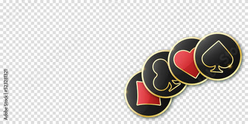 Hearts diamonds clubs spades sign realistic chips. Glossy playing card suit symbols with gold border. Vector illustration card sign on transparent background.