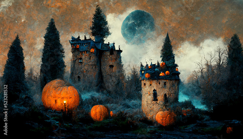 Old Witch Castle with Halloween Pumpkins. realistic halloween festival illustration. Halloween night pictures for wall paper or computer screen.