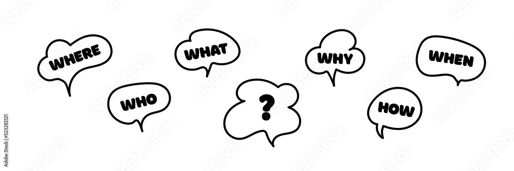 Question what, how, why, for what and where. Place for your text. Business web banner. Communication inclusion people concept. Vector illustration. Question what, how, why, for what and where. Place for your text. Business web banner. Communication inclusion people concept. Vector illustration.