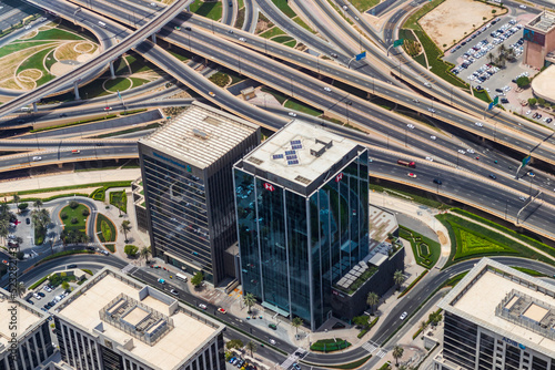 Dubai, UAE - 07.18.2021 - Areal view of HSBC and Standard Chartered banks HQs. Finance