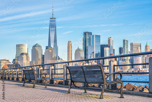 The view of New York city from the boardwalk across the Hudson river