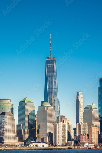 The view of New York cityscape with cloudless sky across the Hudson river