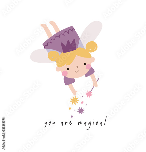 Cute cartoon Fairy - vector print. You are Magical. Cute Scandinavian little fairy print. Poster with fairy baby character