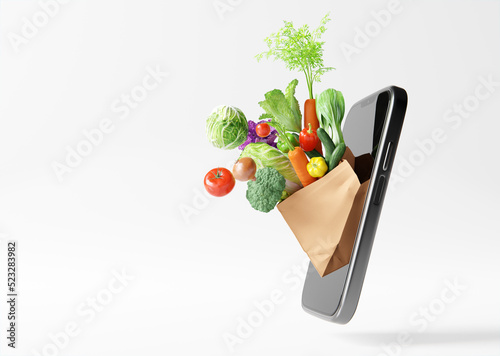 fresh vegetables on smartphone. online shopping food concept. 3d rendering