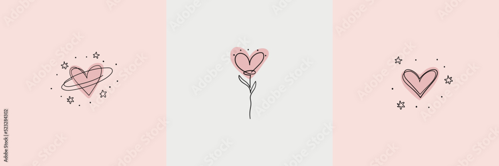 Delicate banner with pink hearts, boho line drawing, valentine s day poster, concept of love, family, self care, natural cosmetics. Simple vector illustration, logo set. - obrazy, fototapety, plakaty 