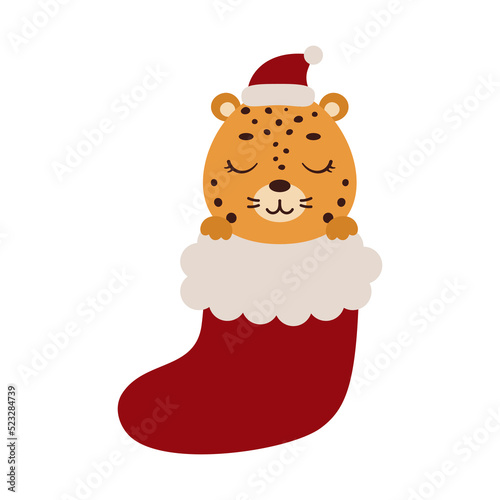Cute little jaguar in Christmas sock. Cartoon animal character for kids cards, baby shower, invitation, poster, t-shirt composition, house interior. Vector stock illustration.
