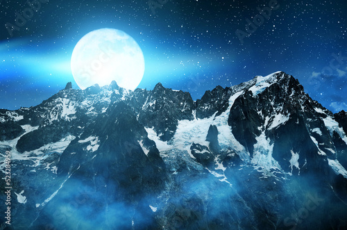Mountain landscape in night. Grandes Jorasses, Mont Blanc massif, Courmayeur, Italy.