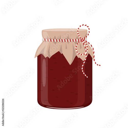 Jam or red color confiture jar in rustic style, homemade fruit berry preserve, vector illustration on white background