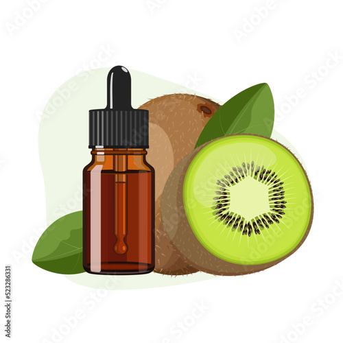 Kiwi fruit essential oil in brown glass bottle, herbal alternative medicine treatment product, vector Illustration on white background