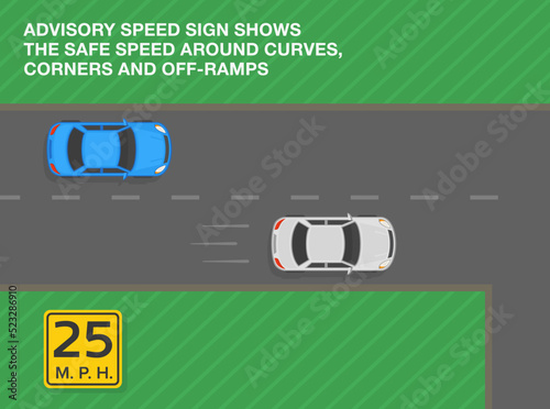 Safe driving tips and traffic regulation rules. Advisory speed sign shows the safe speed around curves, corners and off-ramps. Road sign meaning. Flat vector illustration template.