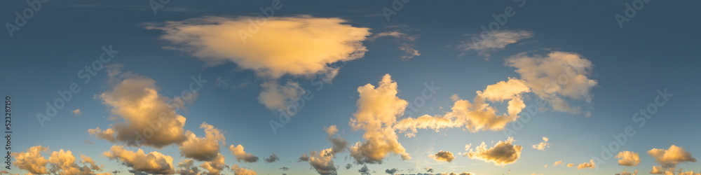 Dark blue sunset sky panorama with Cumulus clouds. Seamless hdr pano in spherical equirectangular format. Complete zenith for 3D visualization, game and sky replacement for aerial drone 360 panoramas.