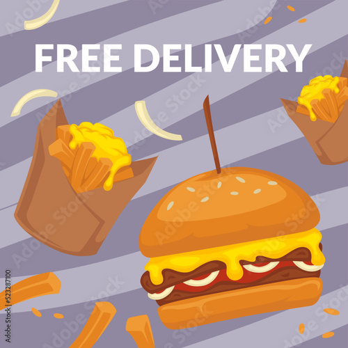 Free delivery of fast food, burger and potato