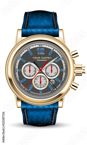 Realistic vector watch clock chronograph gold blue metal face red arrow with leather weaved strip strap on white design classic luxury fashion