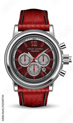 Realistic vector watch clock chronograph silver metal red face arrow with leather weaved strip strap on white design classic luxury fashion