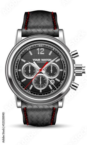 Realistic vector watch clock chronograph silver black face red arrow with leather weaved strip strap on white design classic luxury fashion