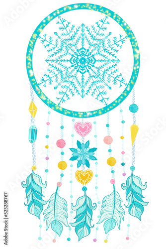 Crystal Blue, green, pink Dream Catcher with pendulum and feather White Christmas winter season, watercolor style.