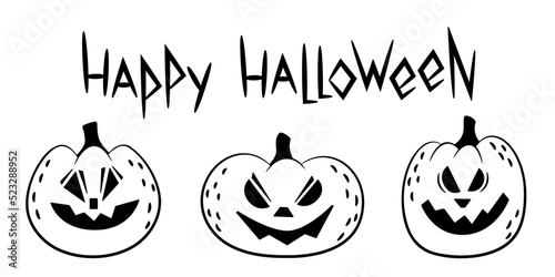 Doodle set of scary pumpkins and lettering Happy Halloween.Outline.Sketch.Vector design elements for cards,poster,social media template,invitation.Isolated on white background.