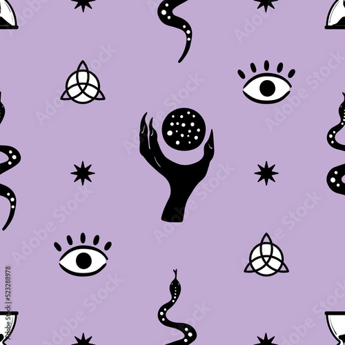 Vector seamless pattern with doodle mystic elements:witch hand,crystall ball,snake,eye.Magical background.Divination.