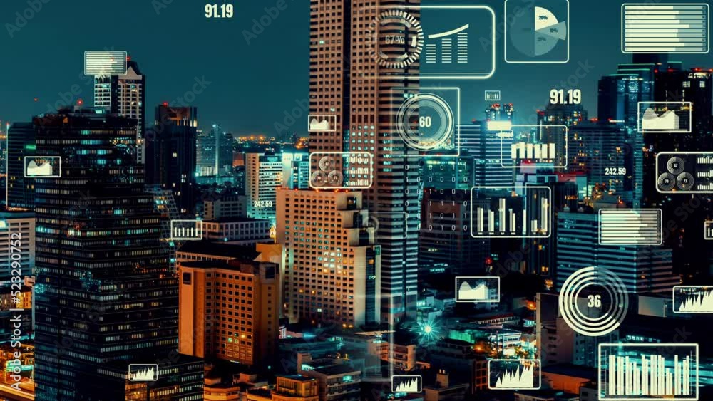 Business data analytic interface fly over smart city showing alteration ...
