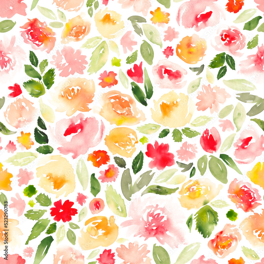 custom made wallpaper toronto digitalSeamless watercolor floral pattern in pink, red, yellow, orange and green. All over abstract botanical print.