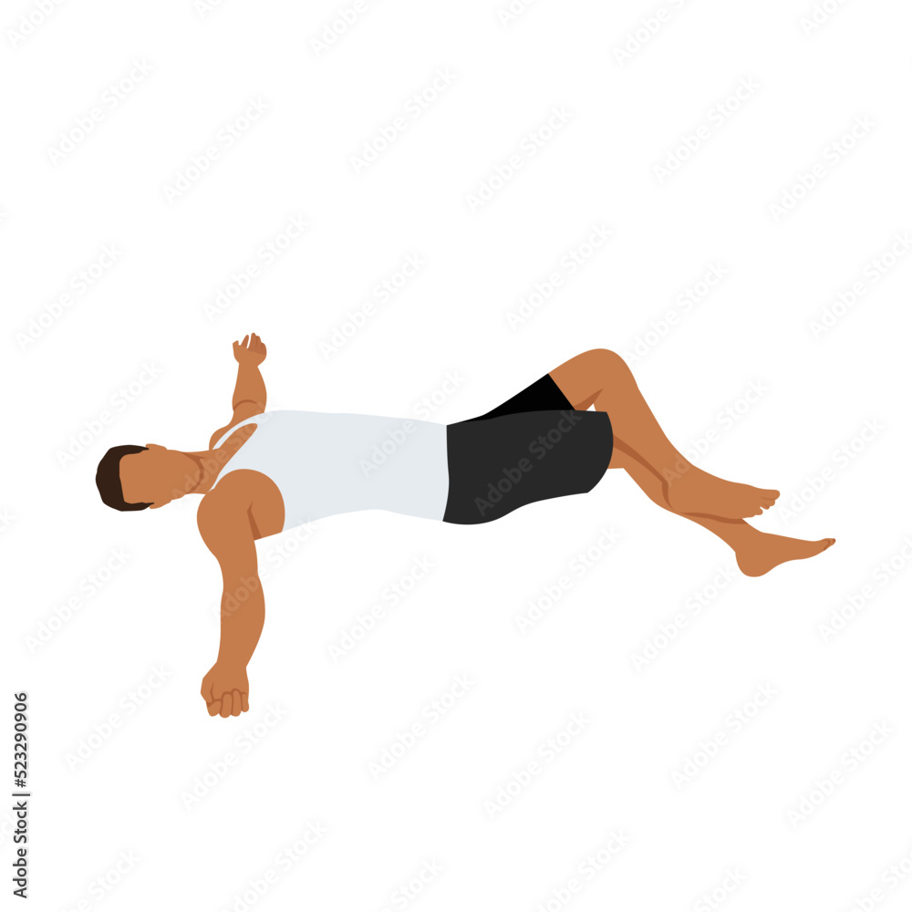 Man doing Reclining eagle pose variation Supta garudasana exercise. Flat vector illustration isolated on white background Man doing Reclining eagle pose variation Supta garudasana exercise. Flat vector illustration isolated on white background
