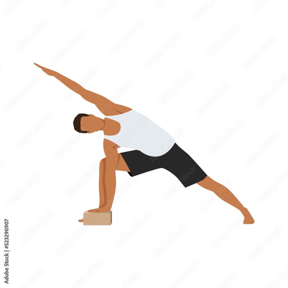 Man doing extended side angle pose Utthita Parsvakonasana exercise. Flat vector illustration isolated on white background Man doing extended side angle pose Utthita Parsvakonasana exercise. Flat vector illustration isolated on white background
