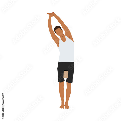 Man doing Side bending mountain pose parsva tadasana exercise. Flat vector illustration isolated on white background photo