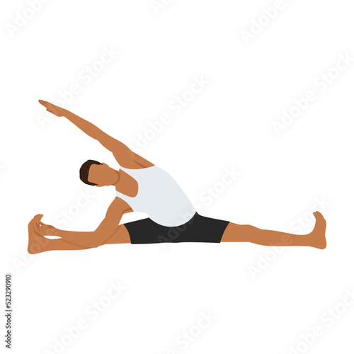 Man doing side seated wide angle pose parsva upavistha konasana exercise. Flat vector illustration isolated on white background