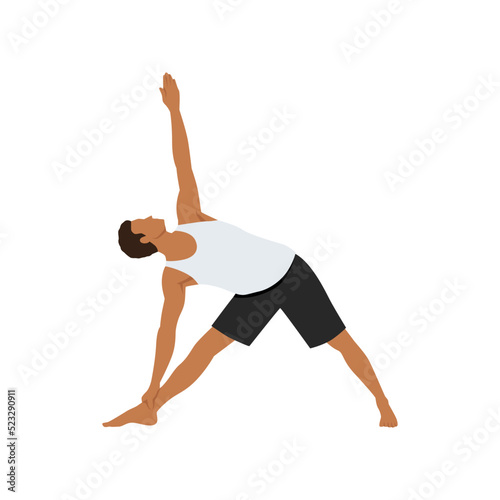 Man doing extended Triangle pose or Utthita trikonasana exercise. Flat vector illustration isolated on white background