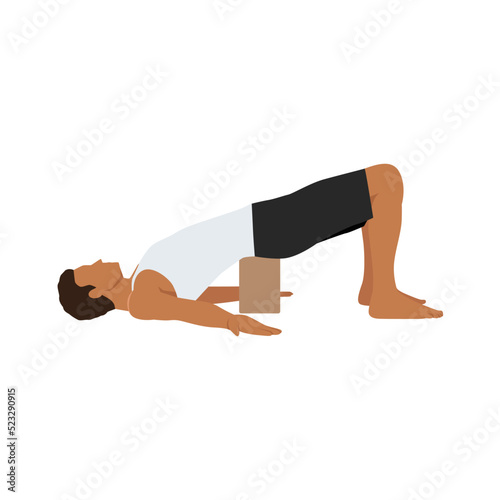 Man doing bridge pose setu bandha sarvangasana exercise. Flat vector illustration isolated on white background