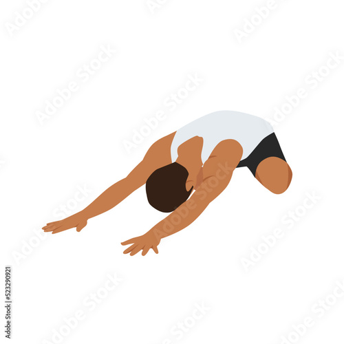 Man doing Child's pose variation exercise. Flat vector illustration isolated on white background