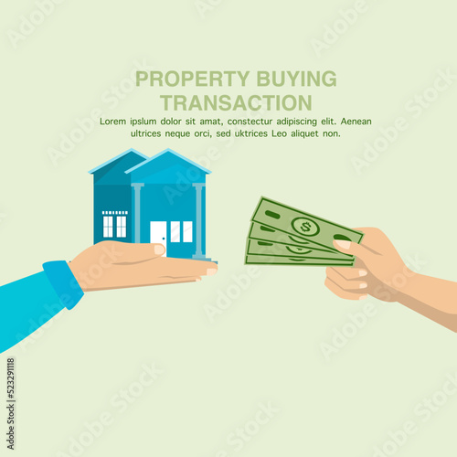 Human Hand with Dollar Bill and House. Flat style concept design illustration, light green background