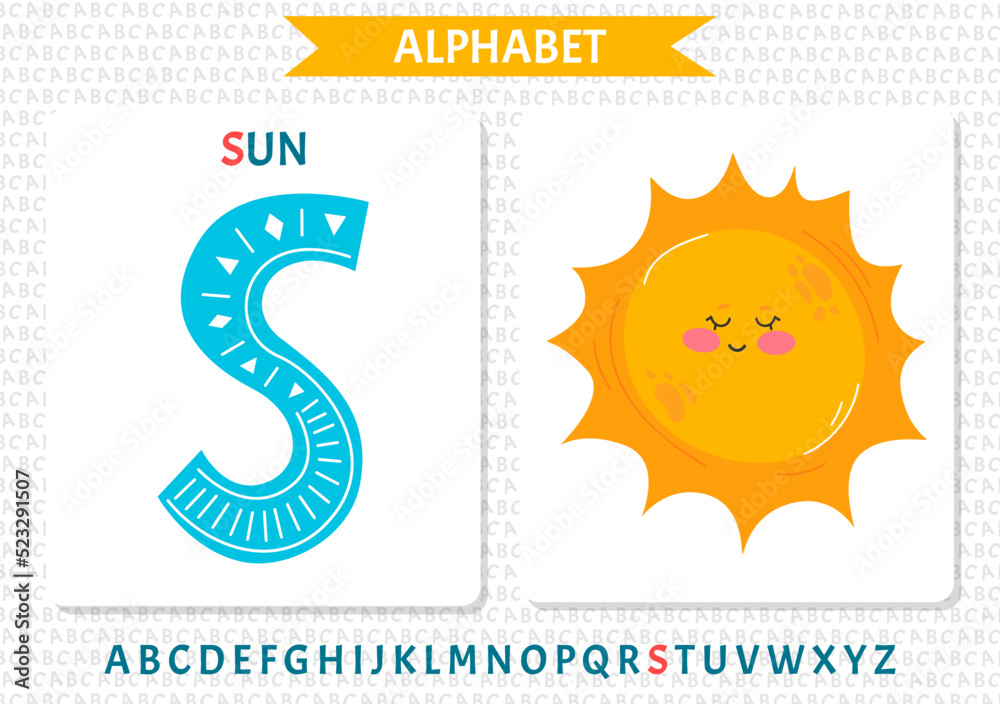 Obraz premium Educational cartoon illustration of letter S from alphabet with Sun character
