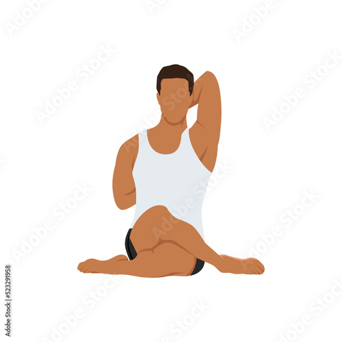 Man doing cow face pose or gomukhasana exercise. Flat vector illustration isolated on white background