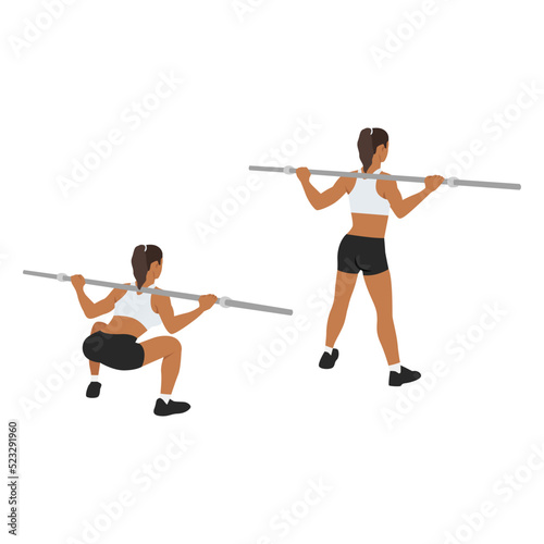 Woman doing Wide stance sumo squat exercise. Flat vector illustration isolated on white background