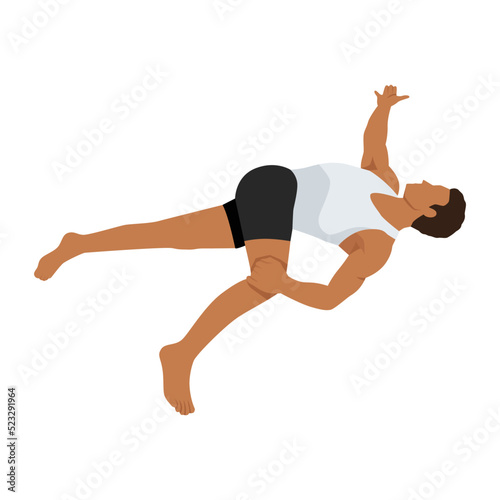 Man doing supta matsyendrasana supine spinal twist pose exercise. Flat vector illustration isolated on white background