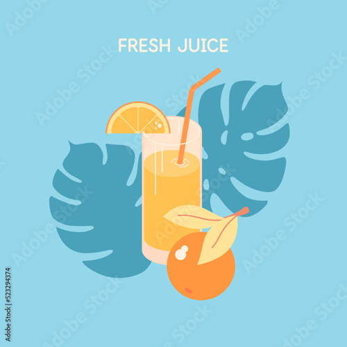 A bright summer poster advertises a refreshing drink. Orange juice in a glass with a straw. A glass glass with a drink.