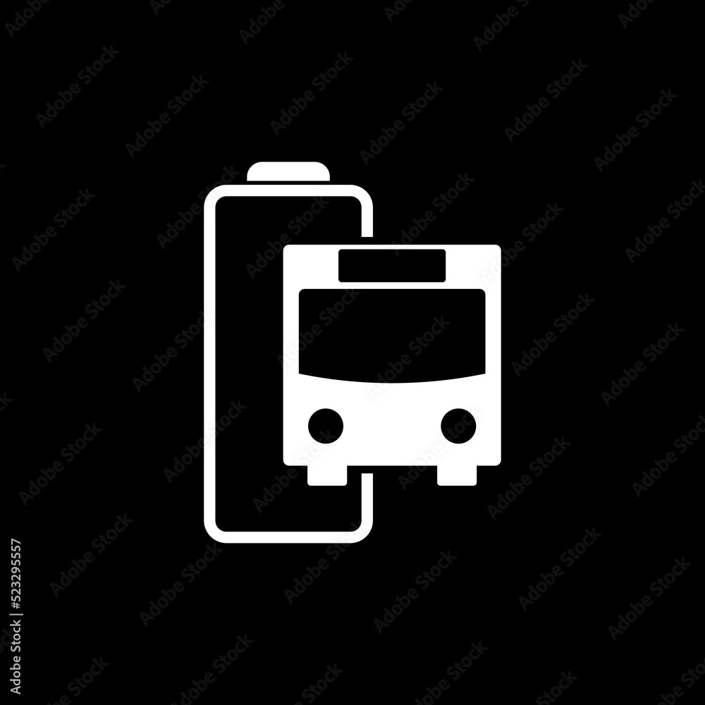Electric bus with fully charged battery energy indicator icon isolated on dark background Electric bus with fully charged battery energy indicator icon isolated on dark background