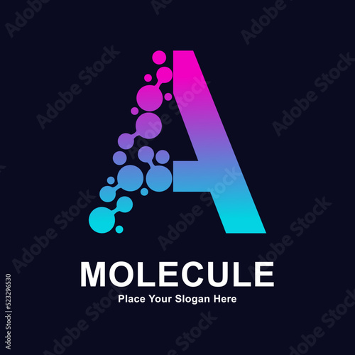 Letter A molecule dots logo vector template. Suitable for business, initial, Medicine, science, technology, laboratory, electronics