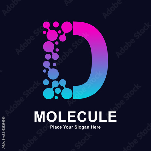 Letter D molecule dots logo vector template. Suitable for business, initial, Medicine, science, technology, laboratory, electronics