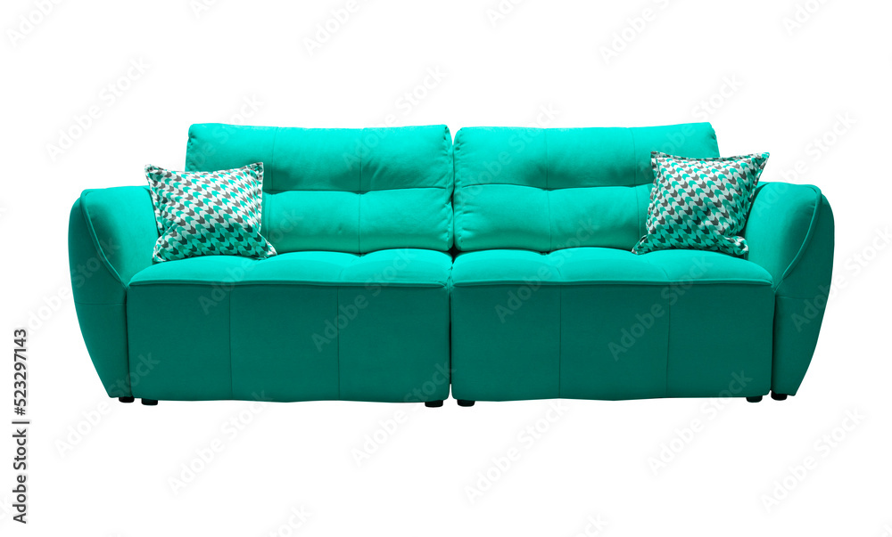 Naklejka premium Teal sofa with checkered pillows isolated. Upholstered furniture for living room. Turquoise couch isolated