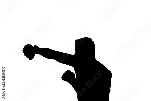 Silhouette of athletic man with boxing gloves posing arms fighter and biceps at white isolated background. Sport, healthy lifestyle and fitness training concept. Copy space © Alex Vog
