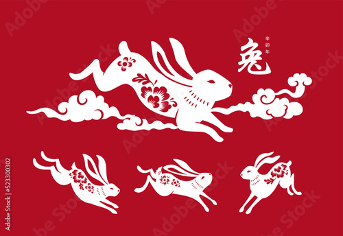 2023 Chinese Lunar New Year rabbit isolated icons, year of the Rabbit zodiac sign with oriental paper cut flower ornament. Chinese translation: Rabbit, 